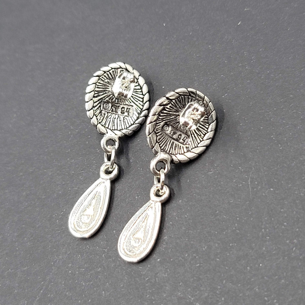 Vintage Pierced Earrings Silver tone Dangle Purple Cabochon 1.25"