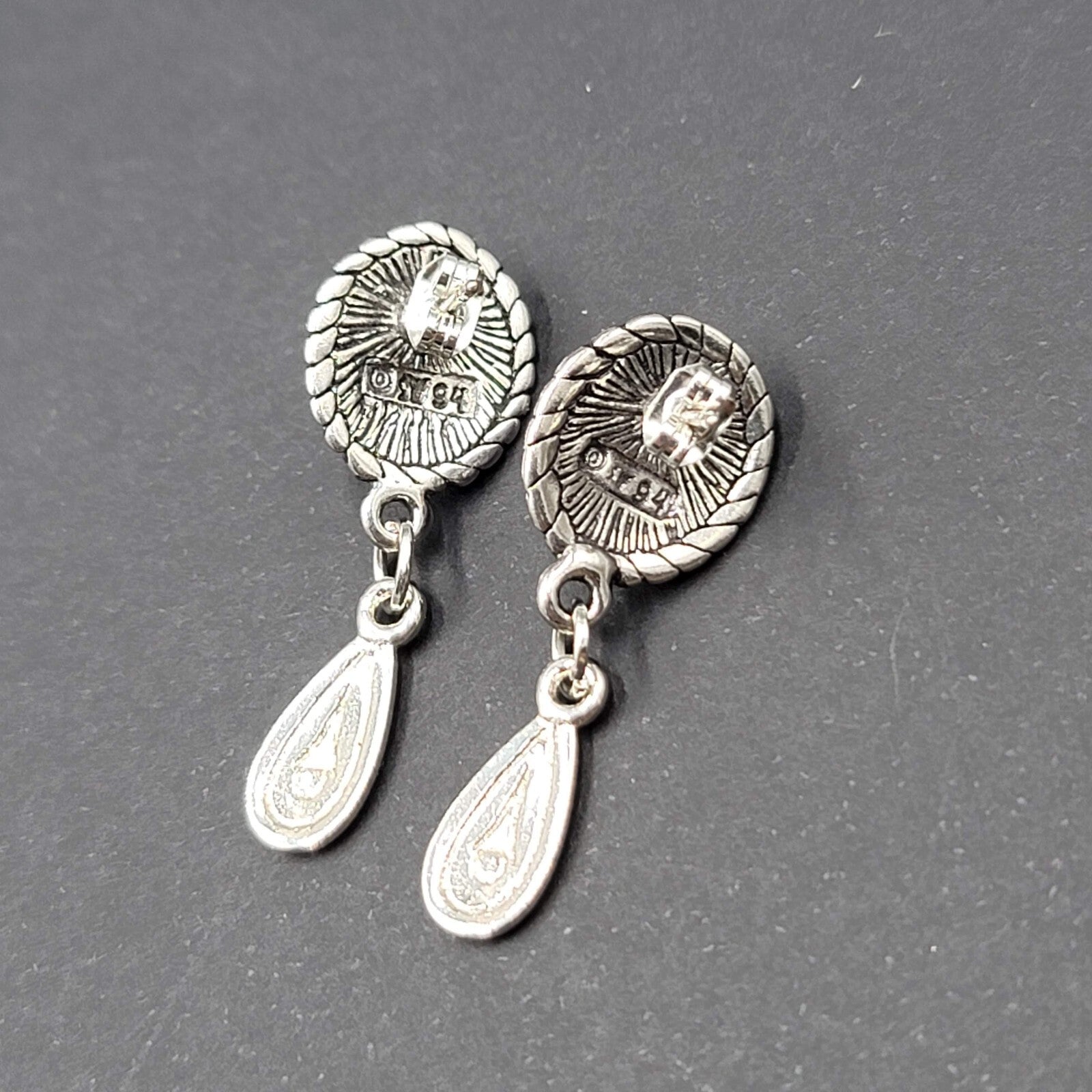 Vintage Pierced Earrings Silver tone Dangle Purple Cabochon 1.25"