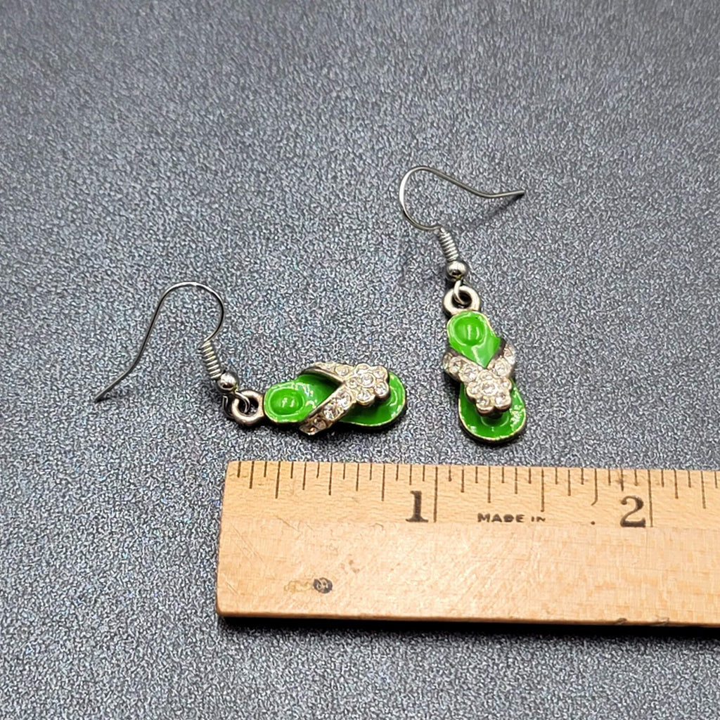 Pierced Earrings Green Enamel Flip Flop Rhinestone Dangle 1"