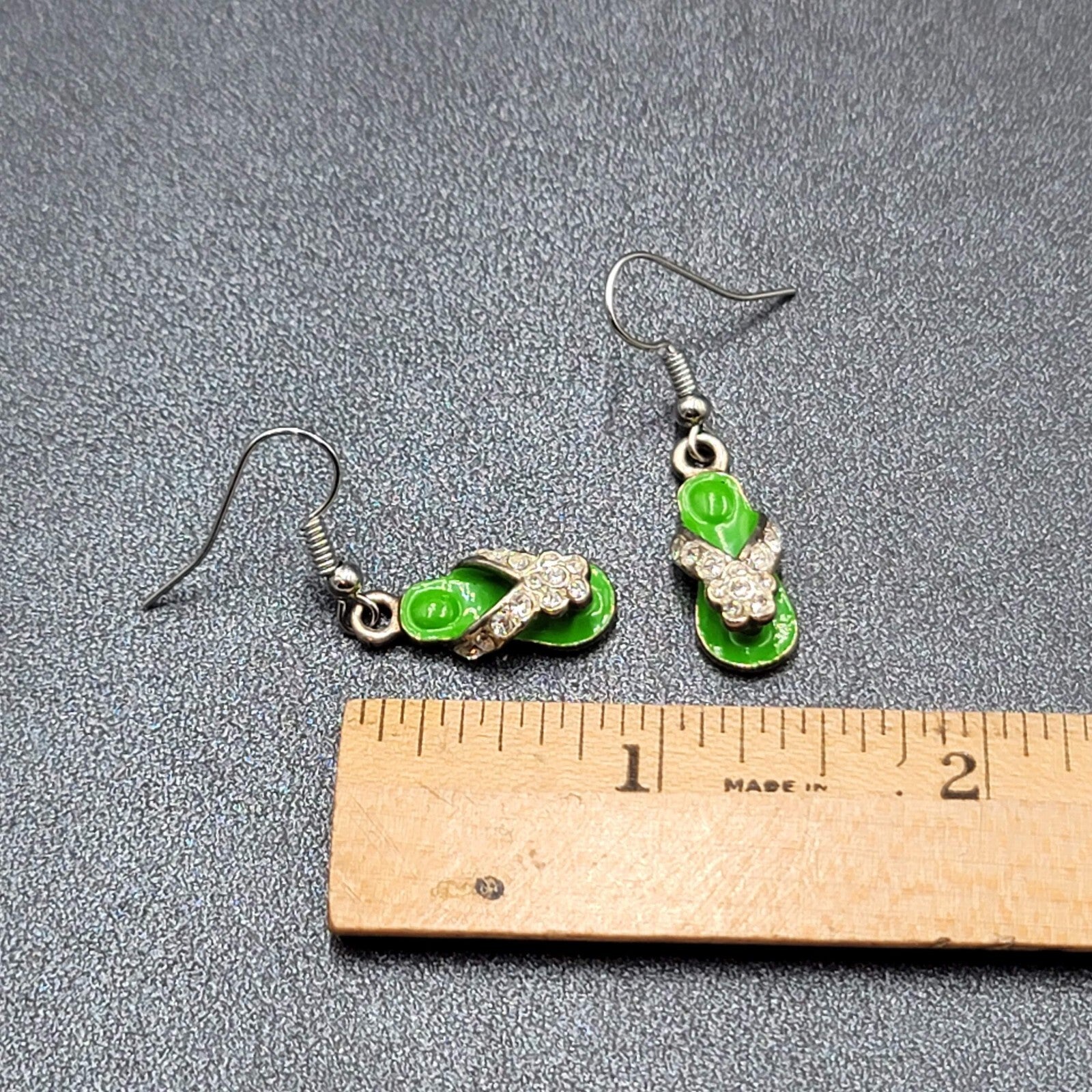 Pierced Earrings Green Enamel Flip Flop Rhinestone Dangle 1"