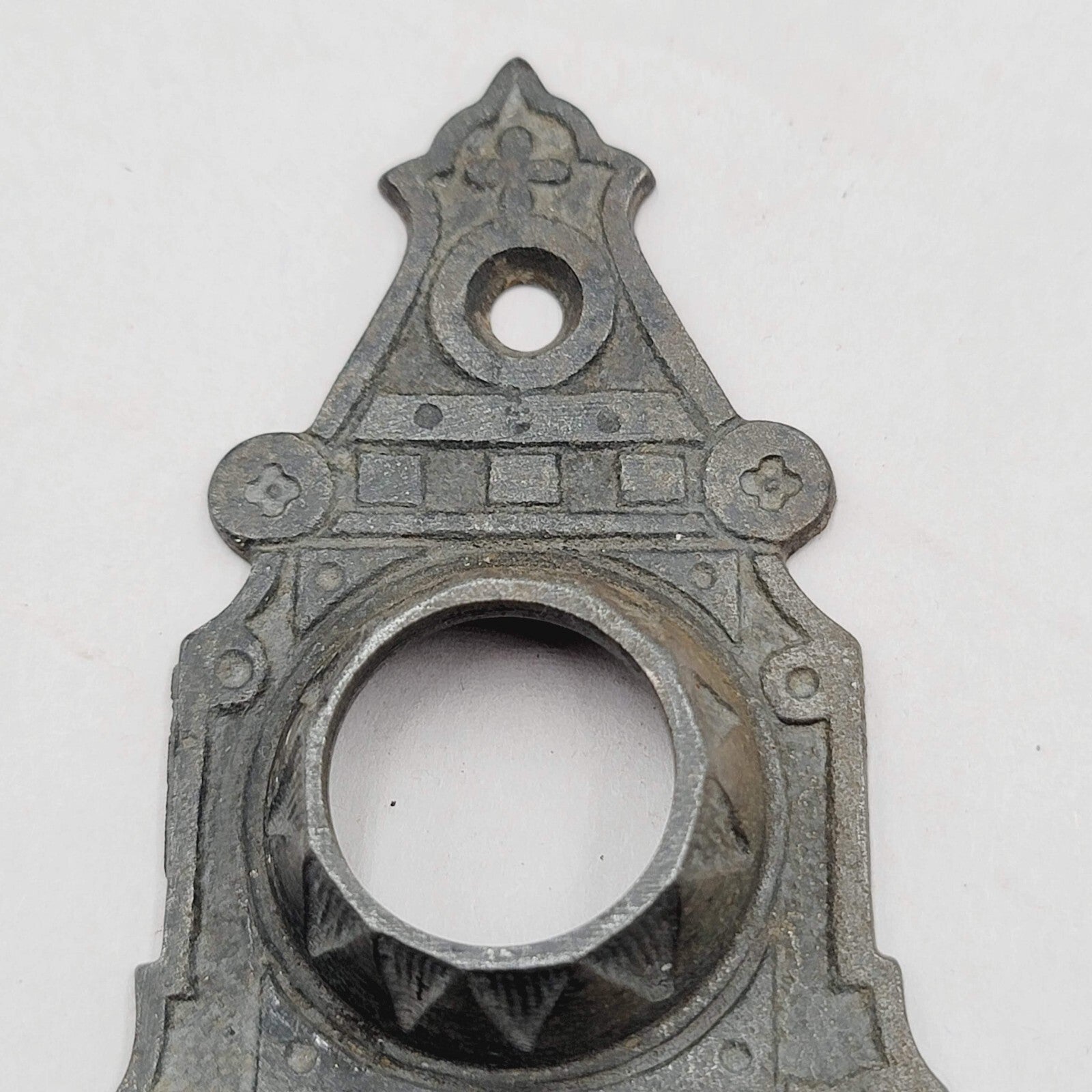 Vintage Cast Iron Doorknob Back Plate Skeleton Keyhole Ornate 5.75"x2" holes 2.2
