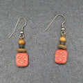Pierced Earrings Silver tone Hook Red Plastic Flower Wood Bead Dangle 1"