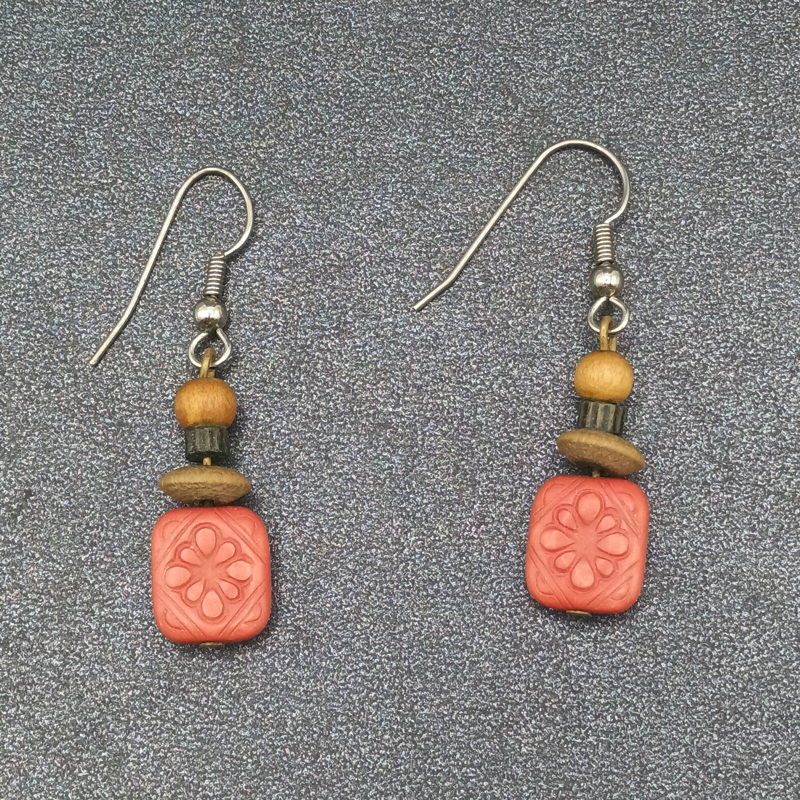 Pierced Earrings Silver tone Hook Red Plastic Flower Wood Bead Dangle 1"