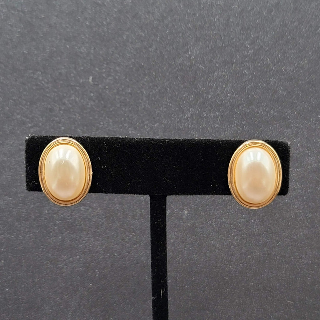 Vintage Avon Clip on Earrings Gold tone Oval White Cabochon Studs 5/8"