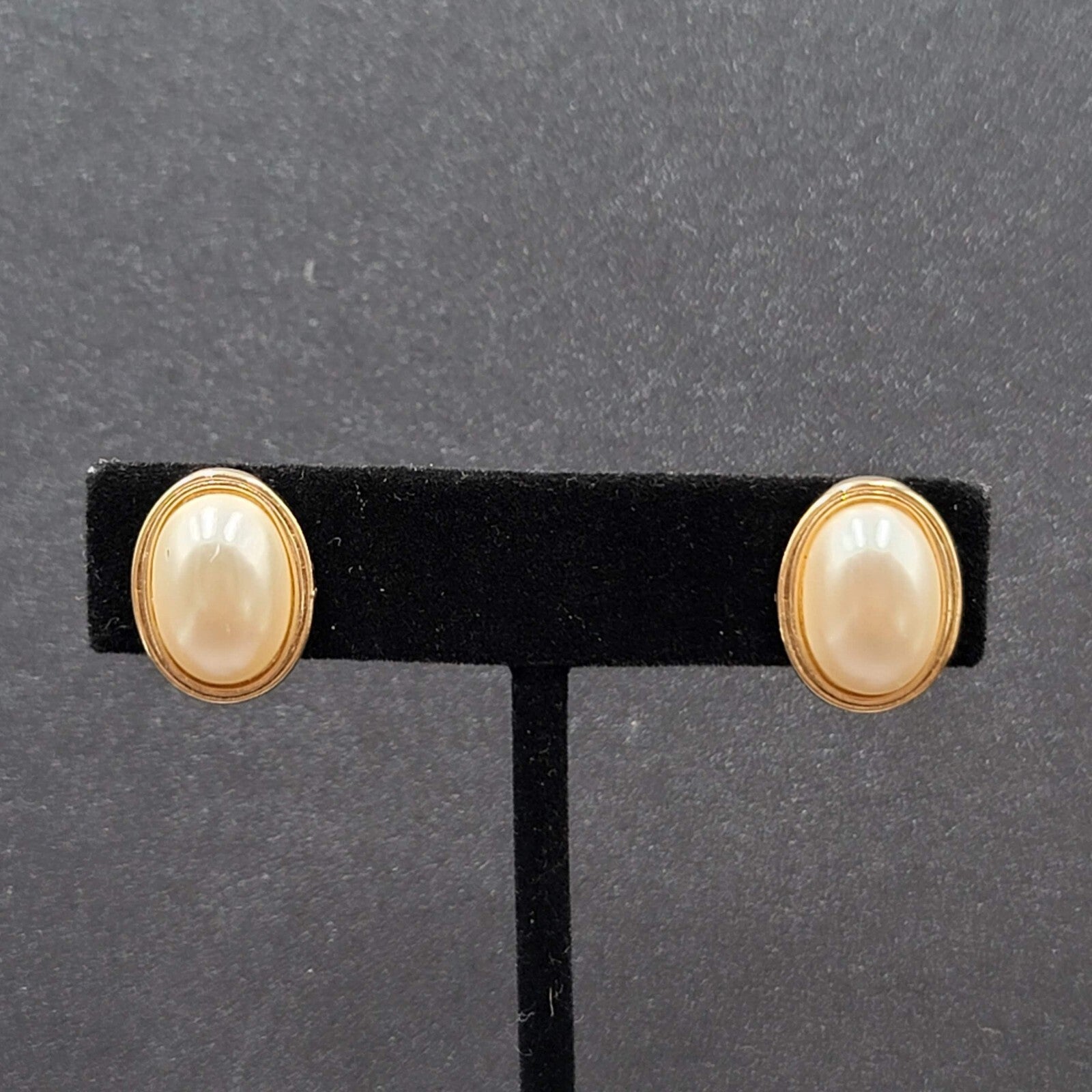 Vintage Avon Clip on Earrings Gold tone Oval White Cabochon Studs 5/8"