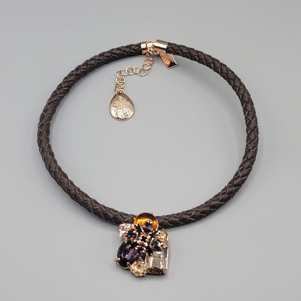 Statement Signed Necklace Rhinestone Pendant Braided Leather Cord 18"-21"