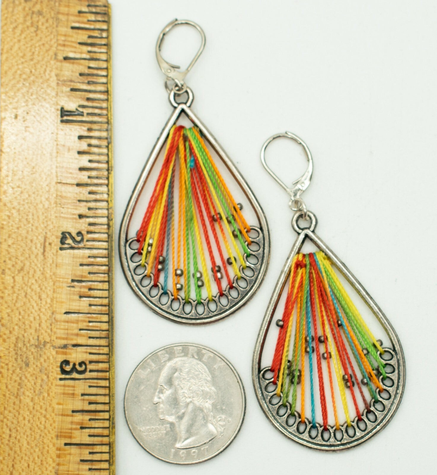 Pierced Earrings Silver tone Dangle Rainbow Thread 2"