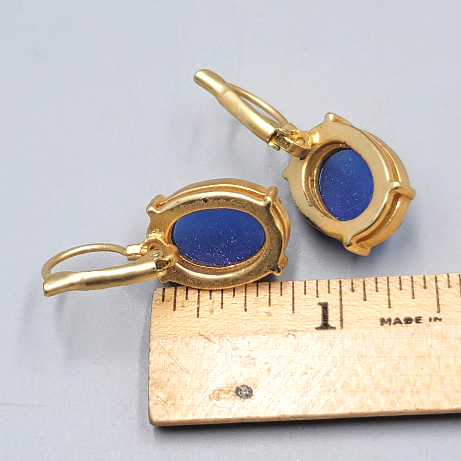 Oval Faceted Blue Pierced Earrings Matte Gold tone Drop 3/4"