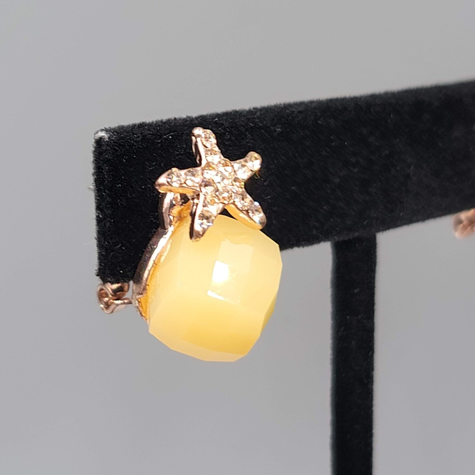 Rose Gold tone Pierced Earrings Yellow Square Drop 7/8"