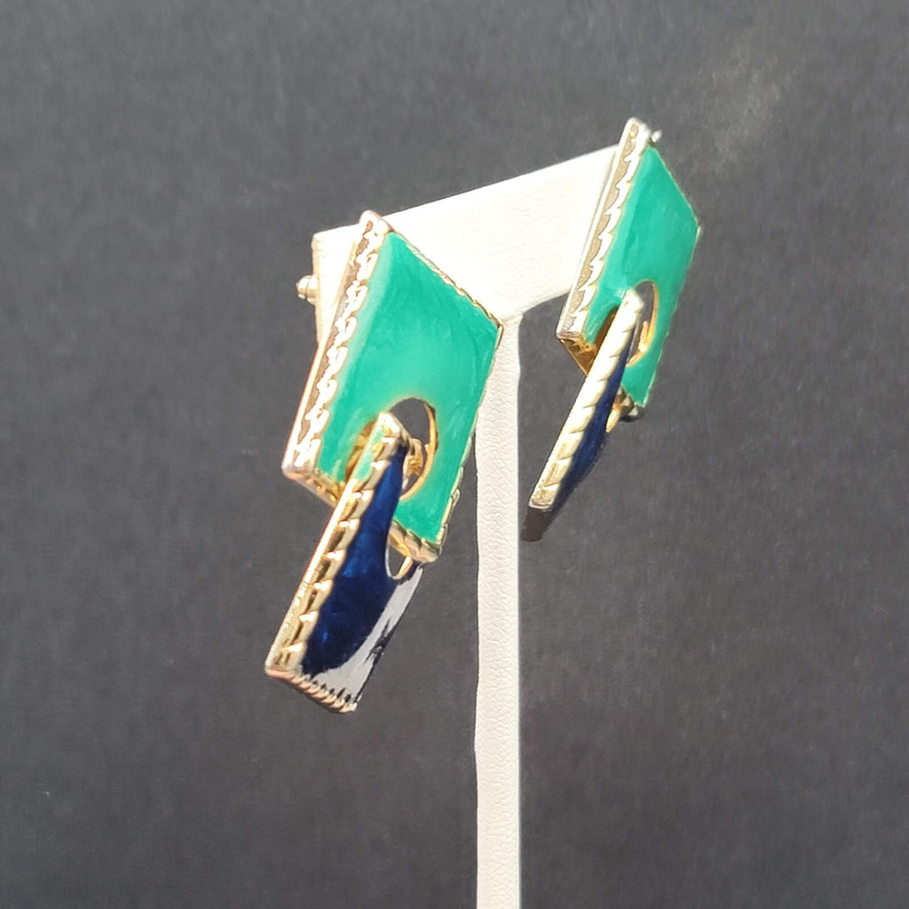 Vintage Pierced Earrings Gold tone Blue Teal Enamel Double Square Drop 2"
