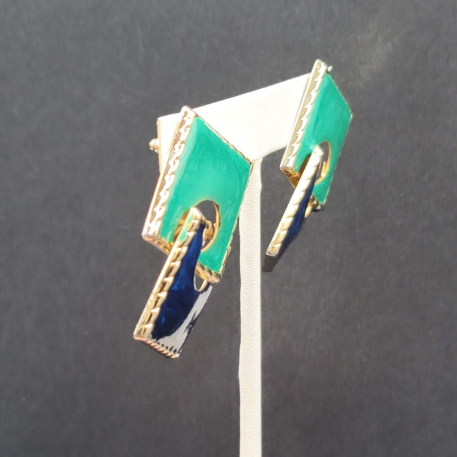 Vintage Pierced Earrings Gold tone Blue Teal Enamel Double Square Drop 2"
