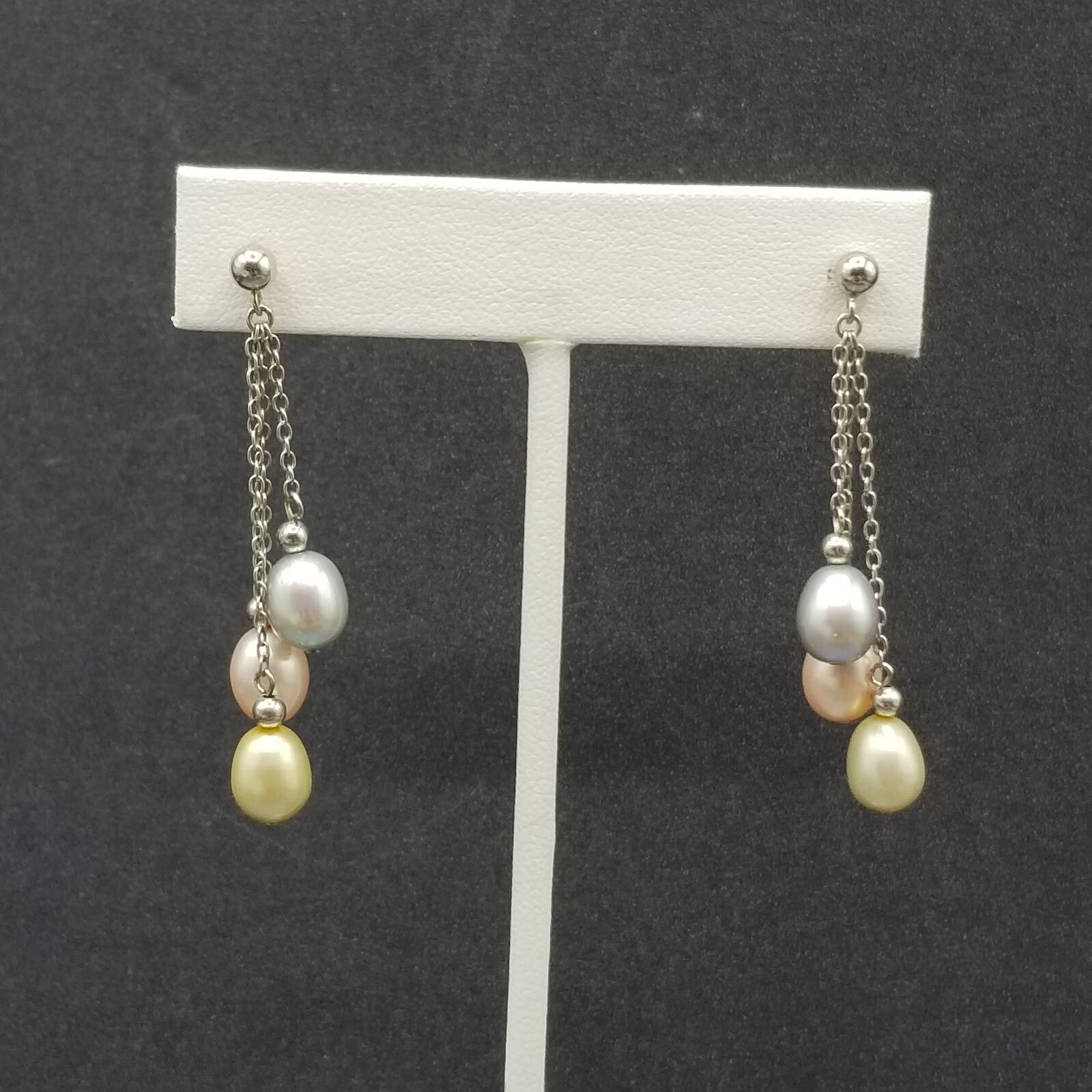 Pierced Earrings Sterling Chain Multicolor Pearl Dangle 1 3/4"