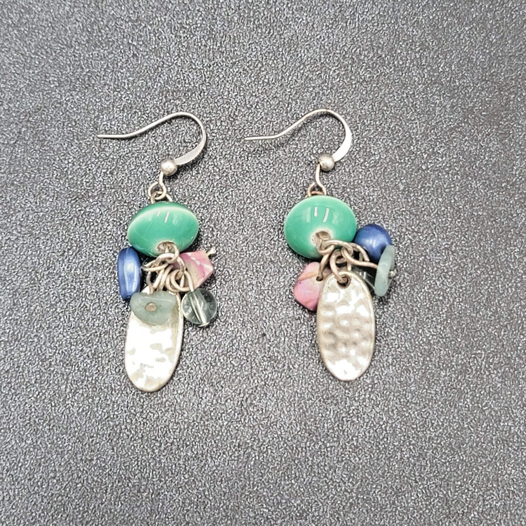 Pierced Earrings Silver tone Dangle Mixed Multicolor Cluster Beads 1.5"