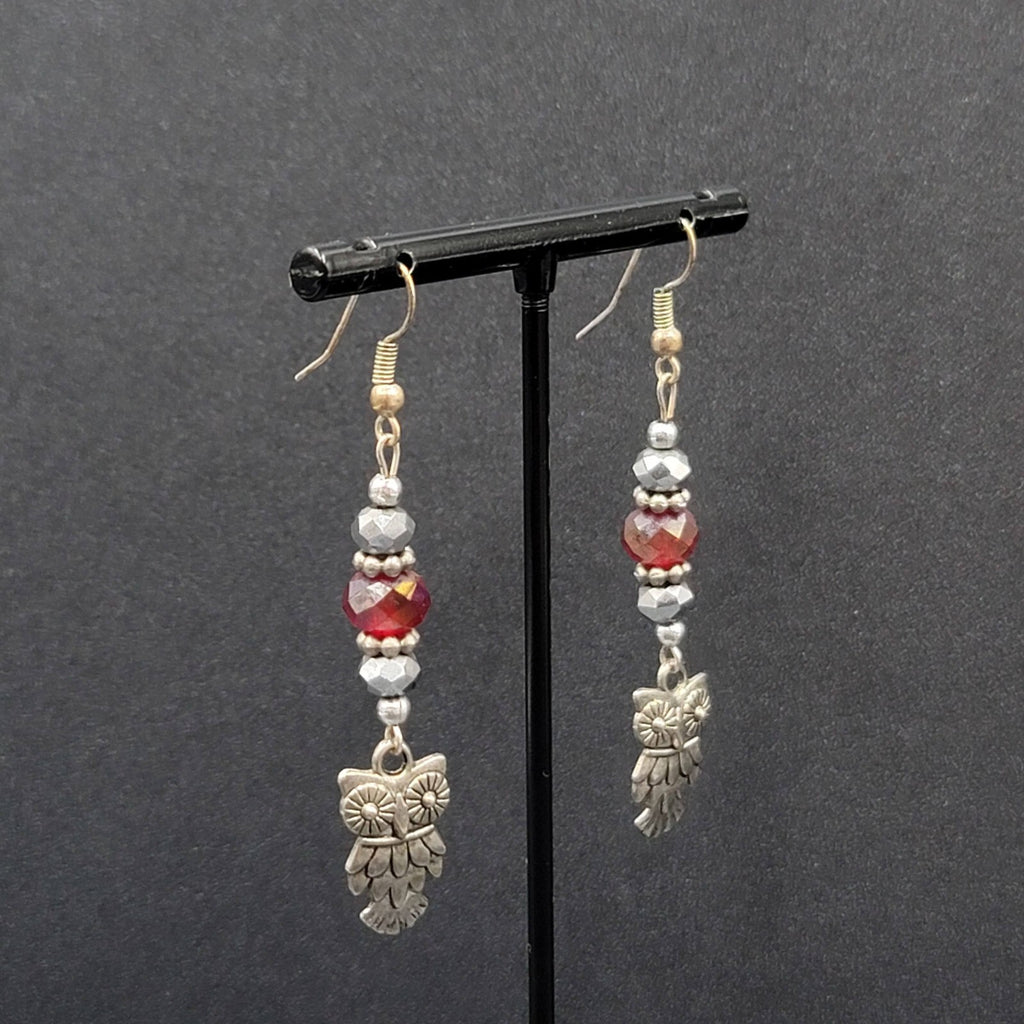 Owl Pierced Earrings Silver tone Red Bead Dangle 2"