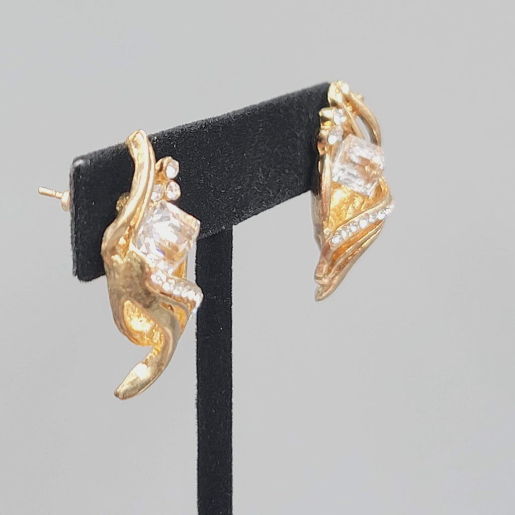 Vintage Statement Drop Pierced Earrings Large Rhinestone Gold Plated 1.25"