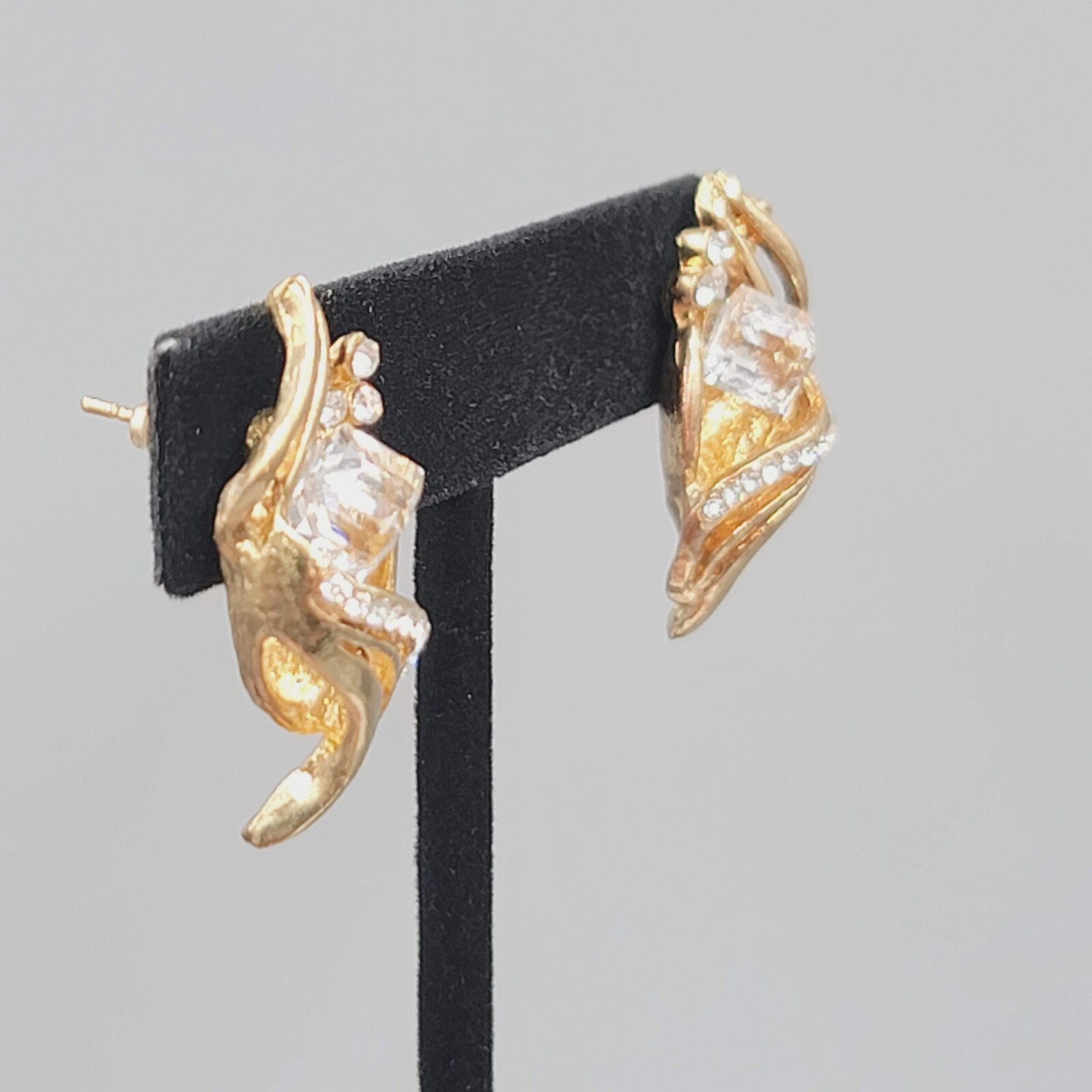 Vintage Statement Drop Pierced Earrings Large Rhinestone Gold Plated 1.25"