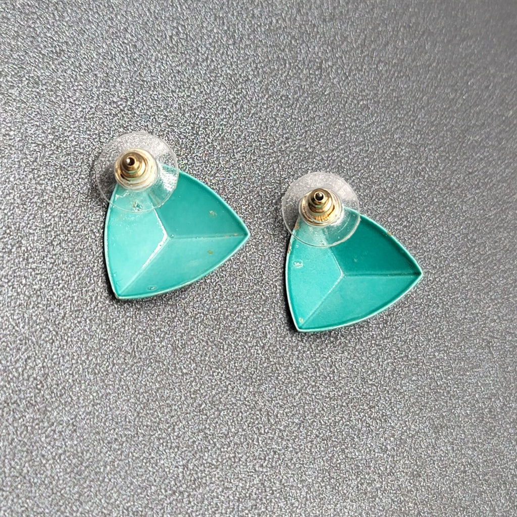 Vintage Pierced Earrings Teal Enamel over Metal Triangle Studs 3/4"