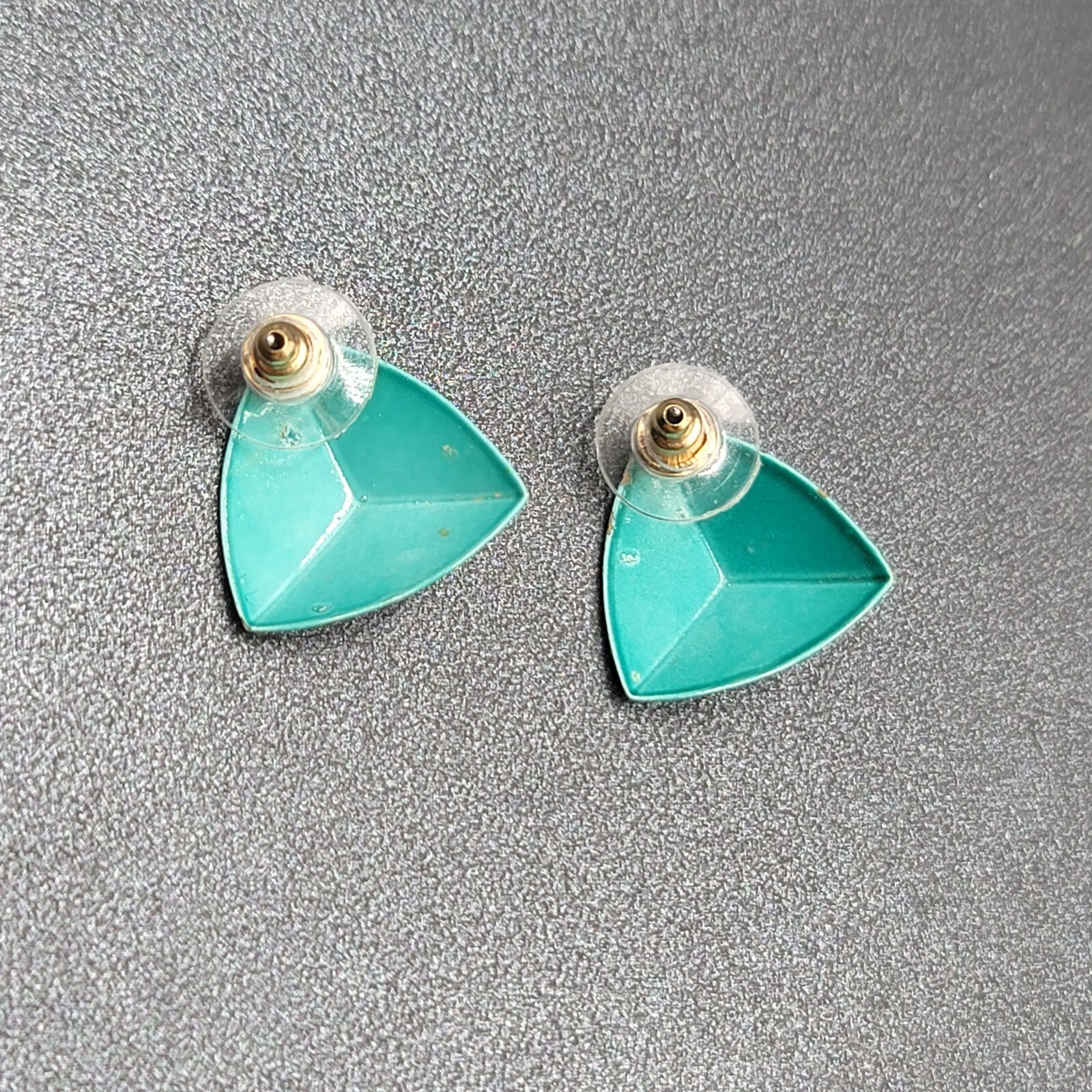 Vintage Pierced Earrings Teal Enamel over Metal Triangle Studs 3/4"