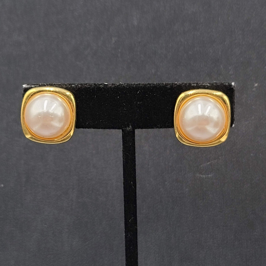 Vintage DP Clip on Earrings Gold tone White Imitation Pearl Studs 5/8"