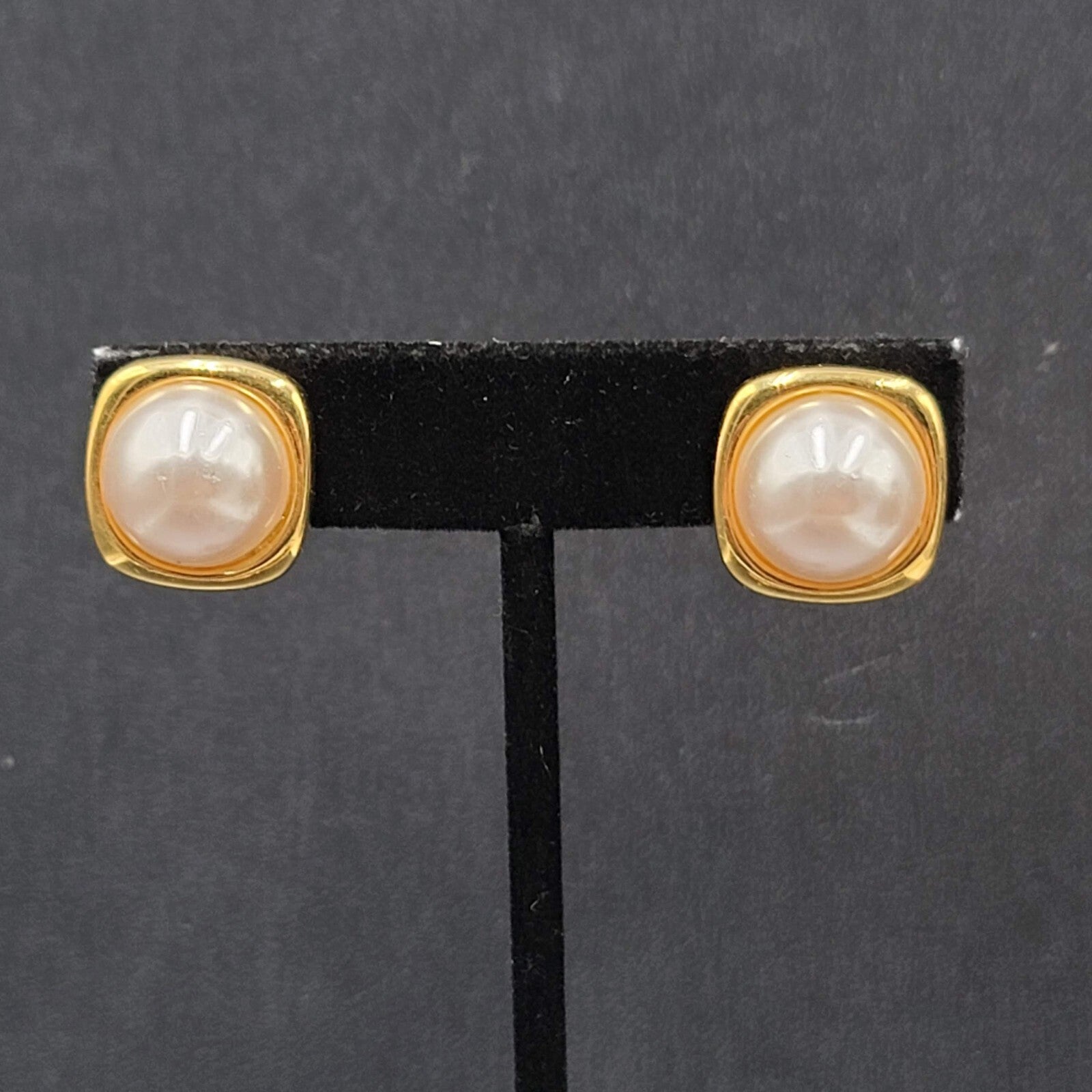Vintage DP Clip on Earrings Gold tone White Imitation Pearl Studs 5/8"