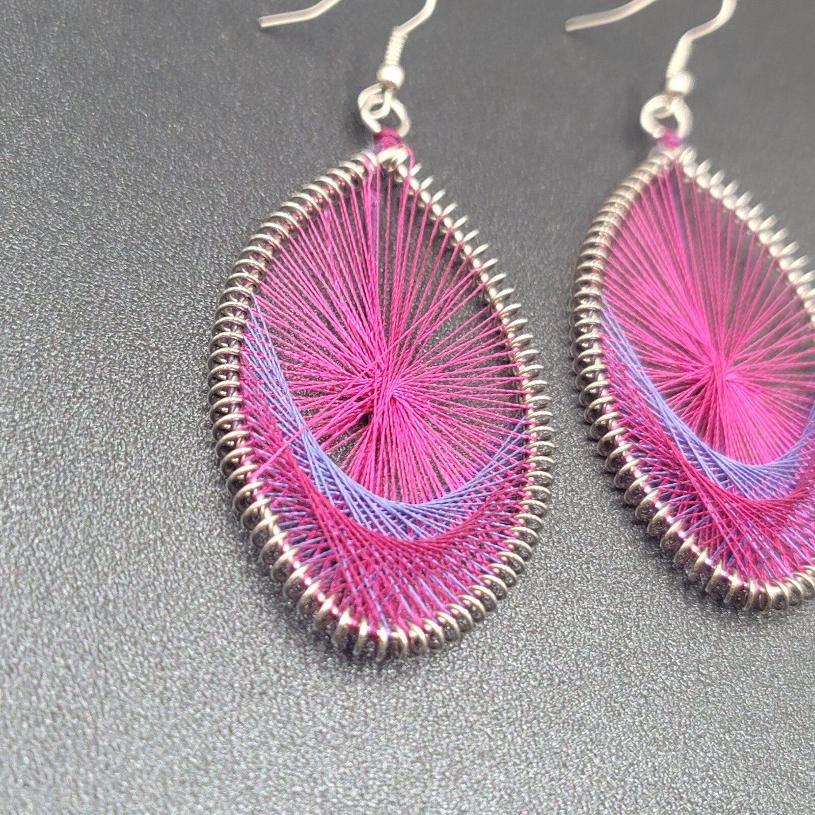 Pierced Earrings Silver tone Pink Purple String Art Dangle 2.5"