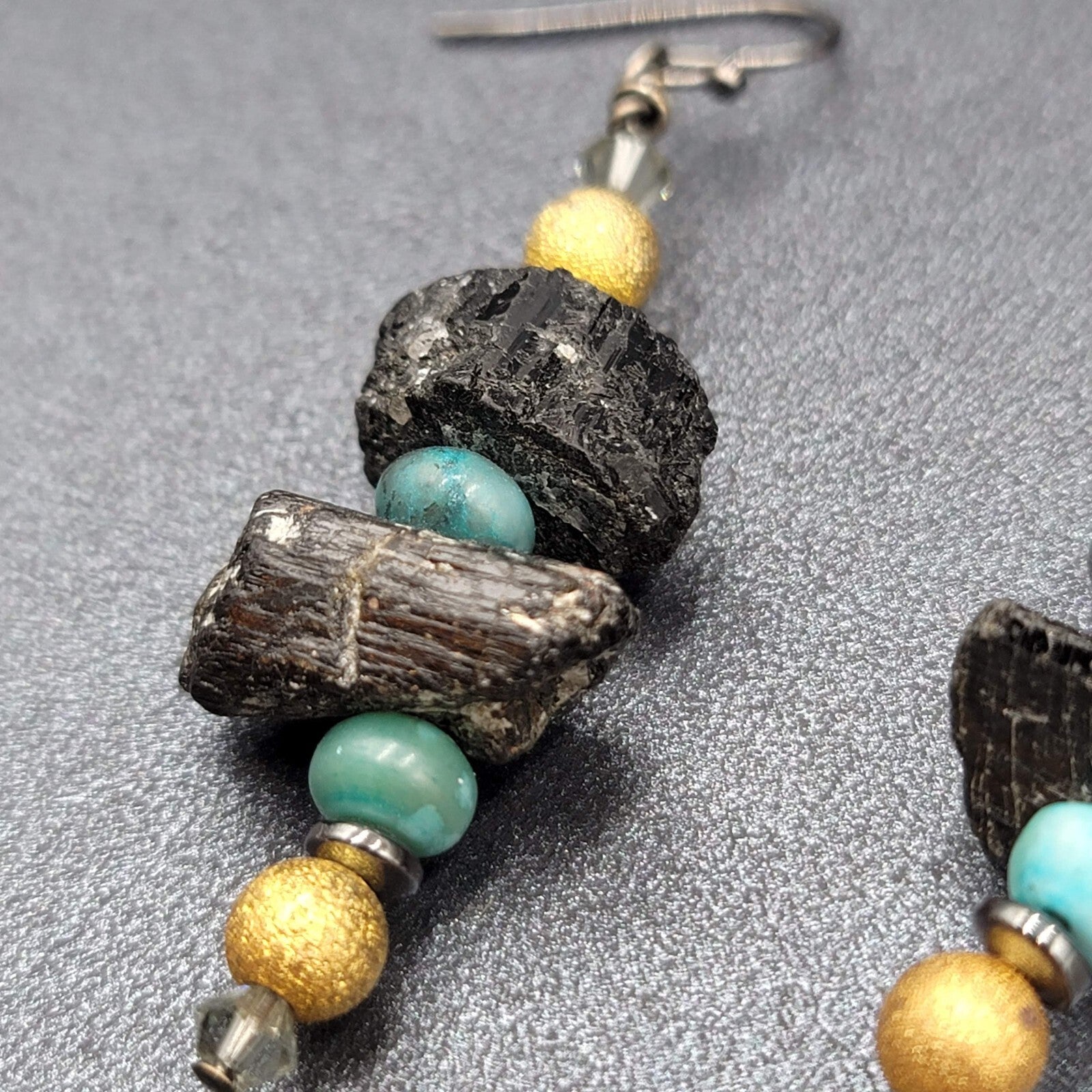 Pierced Earrings Black Raw Stone Blue Gold tone Beads Dangle 2"