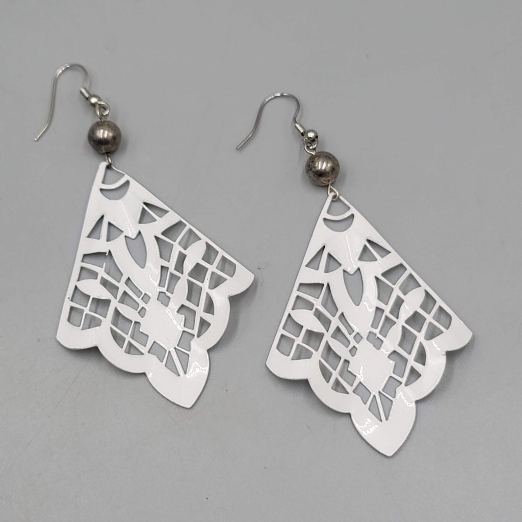 Large White Enamel Pierced Earrings Silver tone Dangle  2.75"