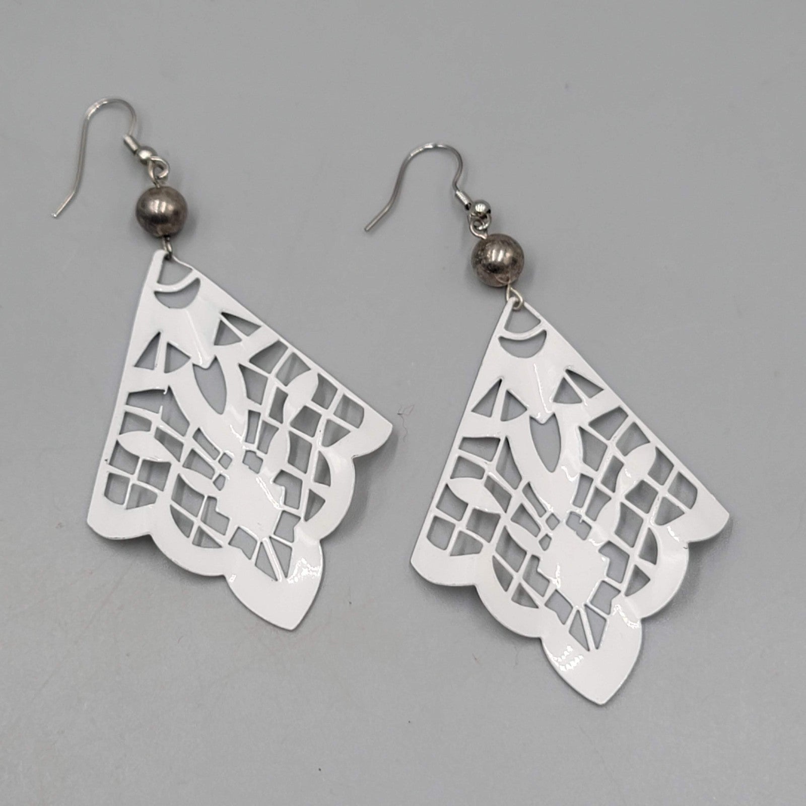 Large White Enamel Pierced Earrings Silver tone Dangle  2.75"