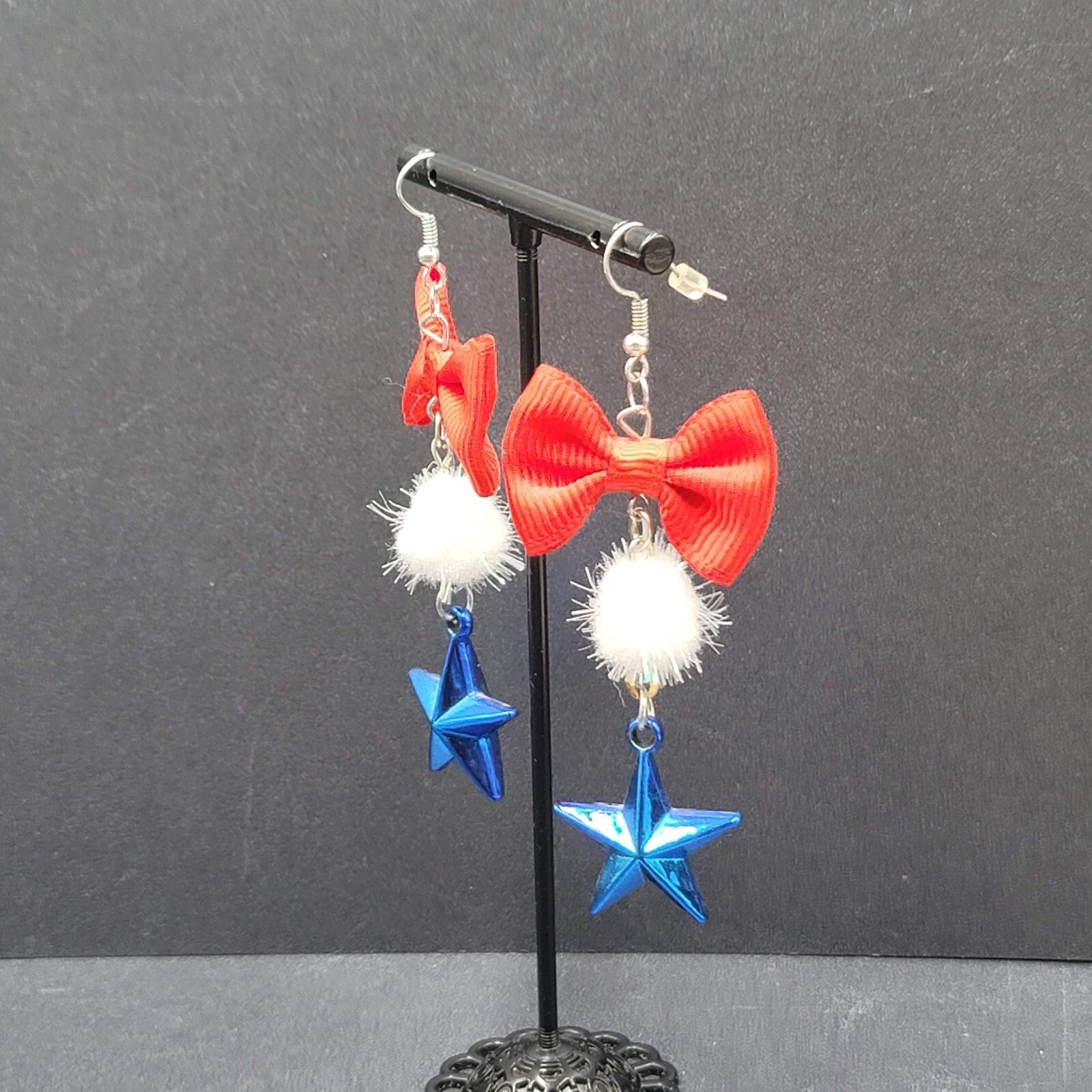 Patriotic Pierced Earrings Red Ribbon Bow Pom Pom Blue Star 2.75"