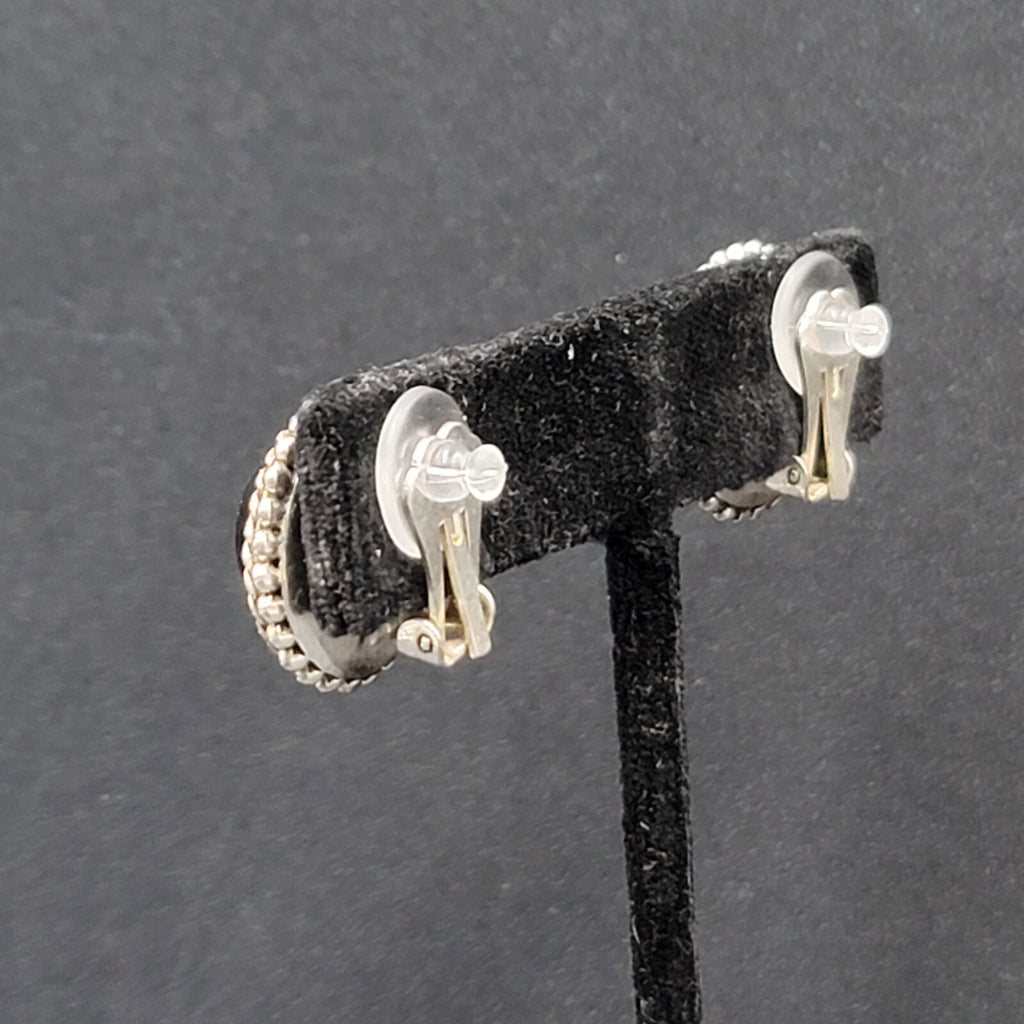 Vintage Clip on Earrings Silver Plated Black Stone Cabochon Studs 3/4"