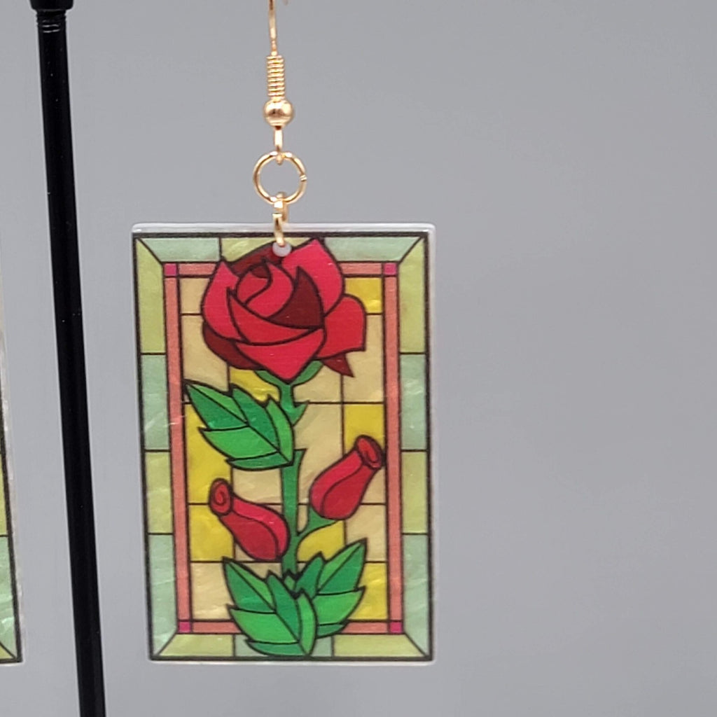 Stained Glass Look Pierced Earrings Rose Rectangle Acrylic Gold toneDangle 1.75"
