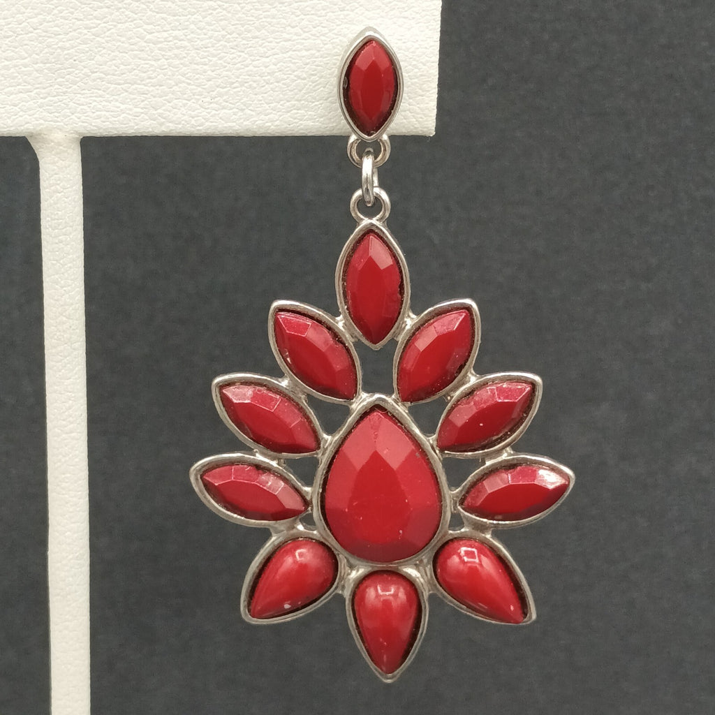 Pierced Earrings Silver tone Red Accent Chandelier Dangle 2.25"