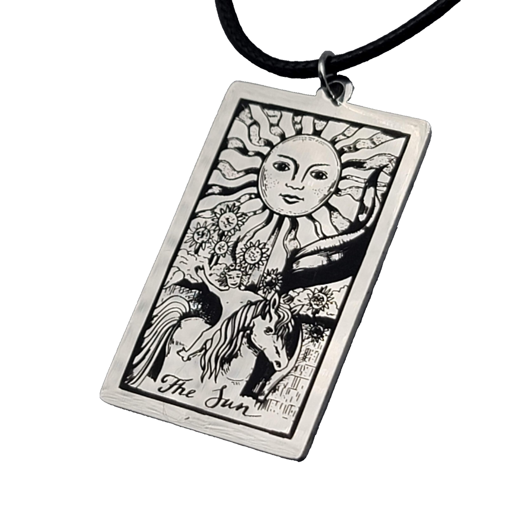The SUN Tarot Card Pendant Necklace Major Arcana Silver tone Black Cord 18" Adj