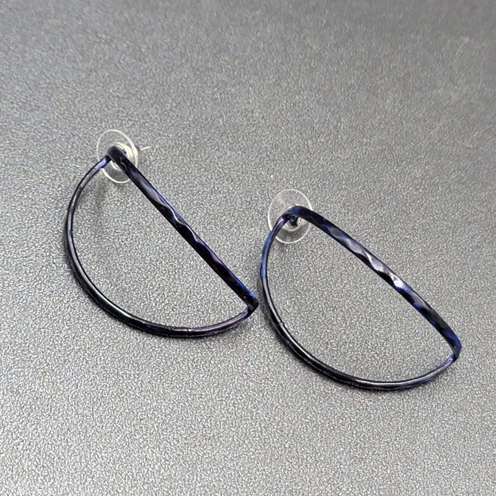 Vintage Pierced Earrings Navy Blue Enamel Open Half Hoops 1.75"