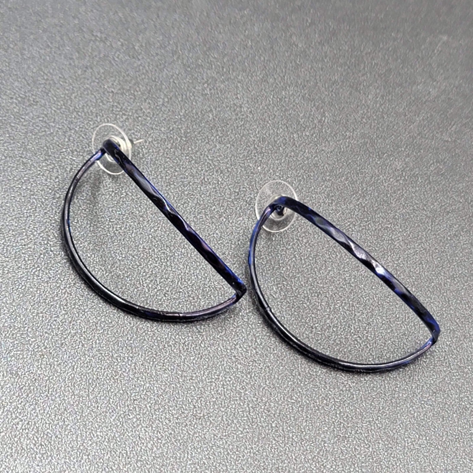 Vintage Pierced Earrings Navy Blue Enamel Open Half Hoops 1.75"