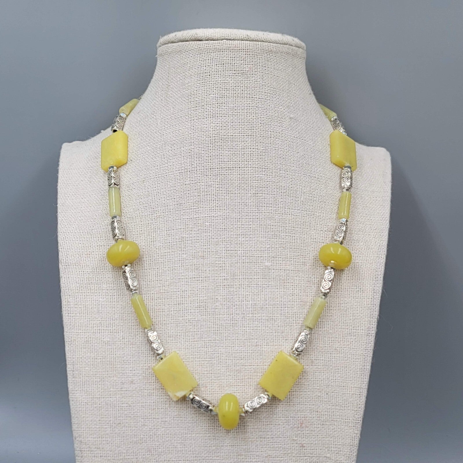 Artisan Light Green Stone Bead Boho Necklace Silver tone 18"