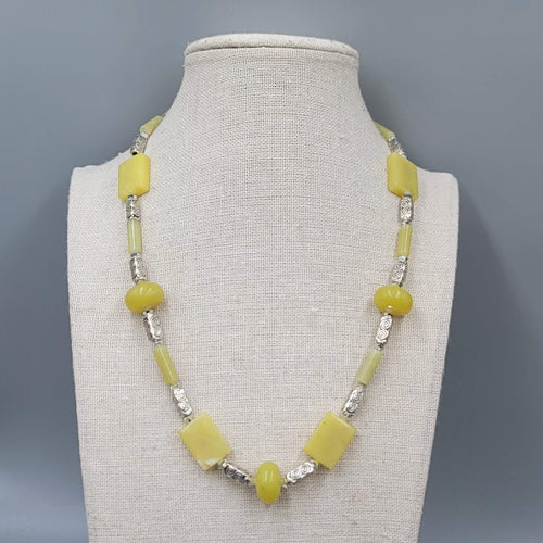 Artisan Light Green Stone Bead Boho Necklace Silver tone 18"