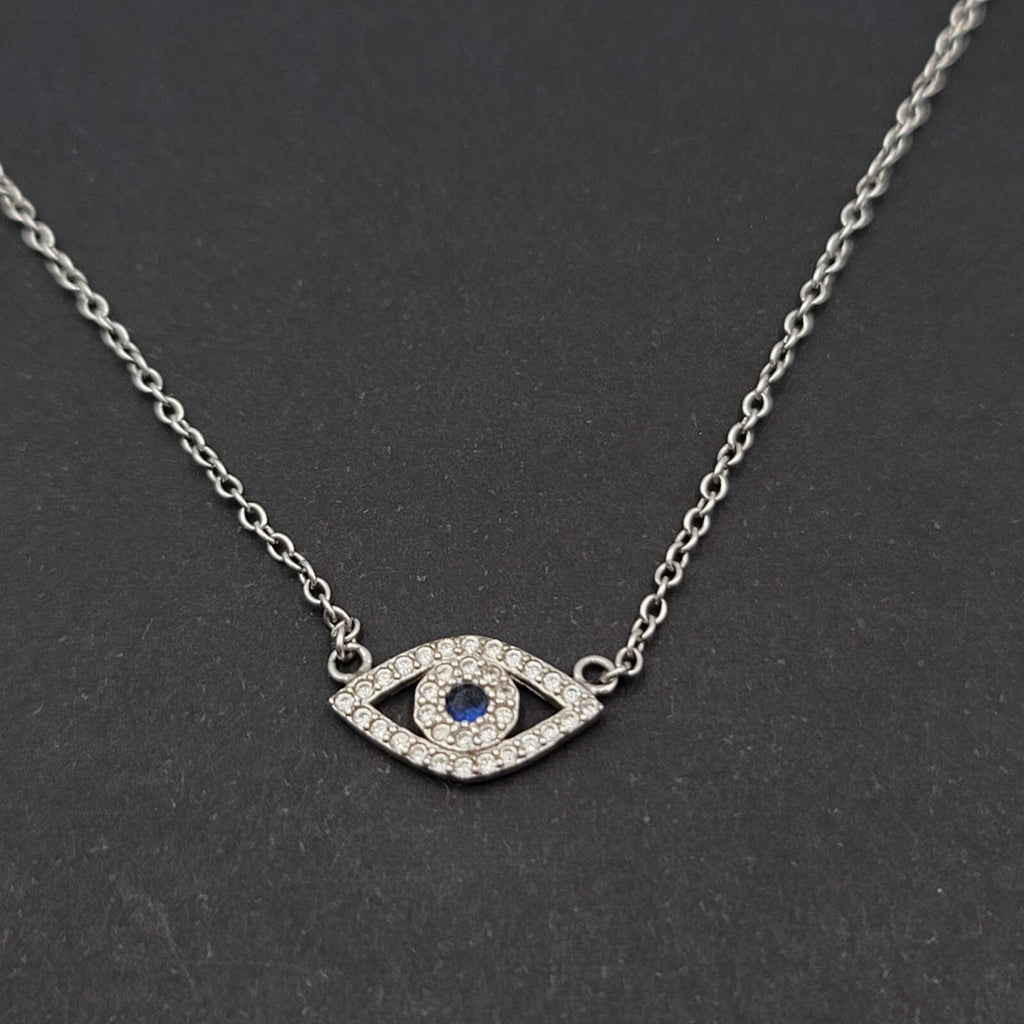 Evil Eye Sterling Silver Necklace Blue Clear Crystals 16" 17" or 18" Adj