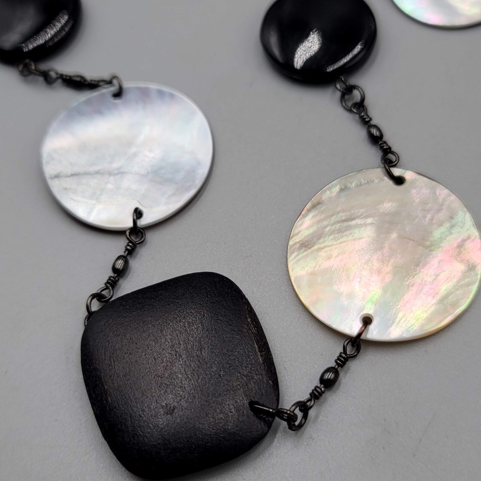 Cookie Lee Black Wood Shell Station Necklace Statement Long 30"+