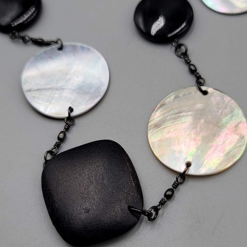 Cookie Lee Black Wood Shell Station Necklace Statement Long 30"+