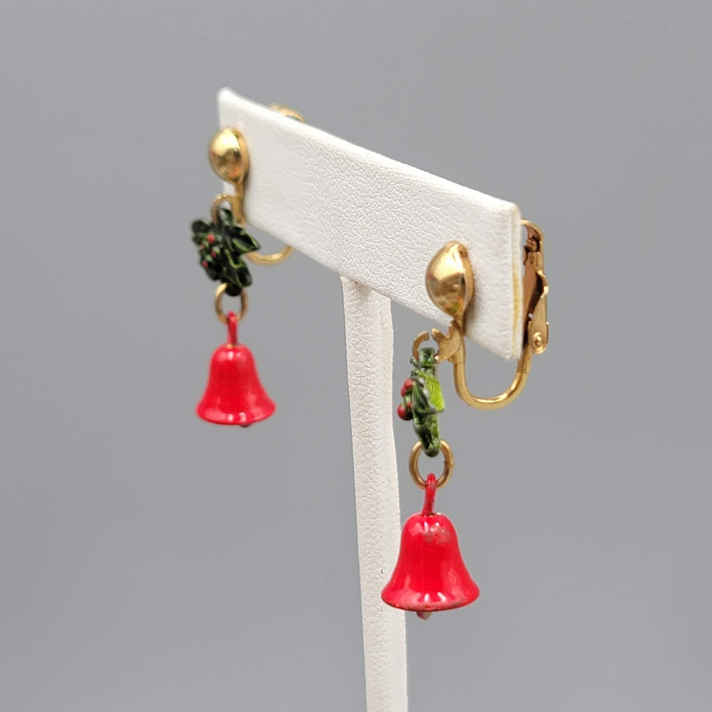 Vintage Christmas Clip on Earrings Gold tone Dangle Holly Jingle Bells 1.25 in