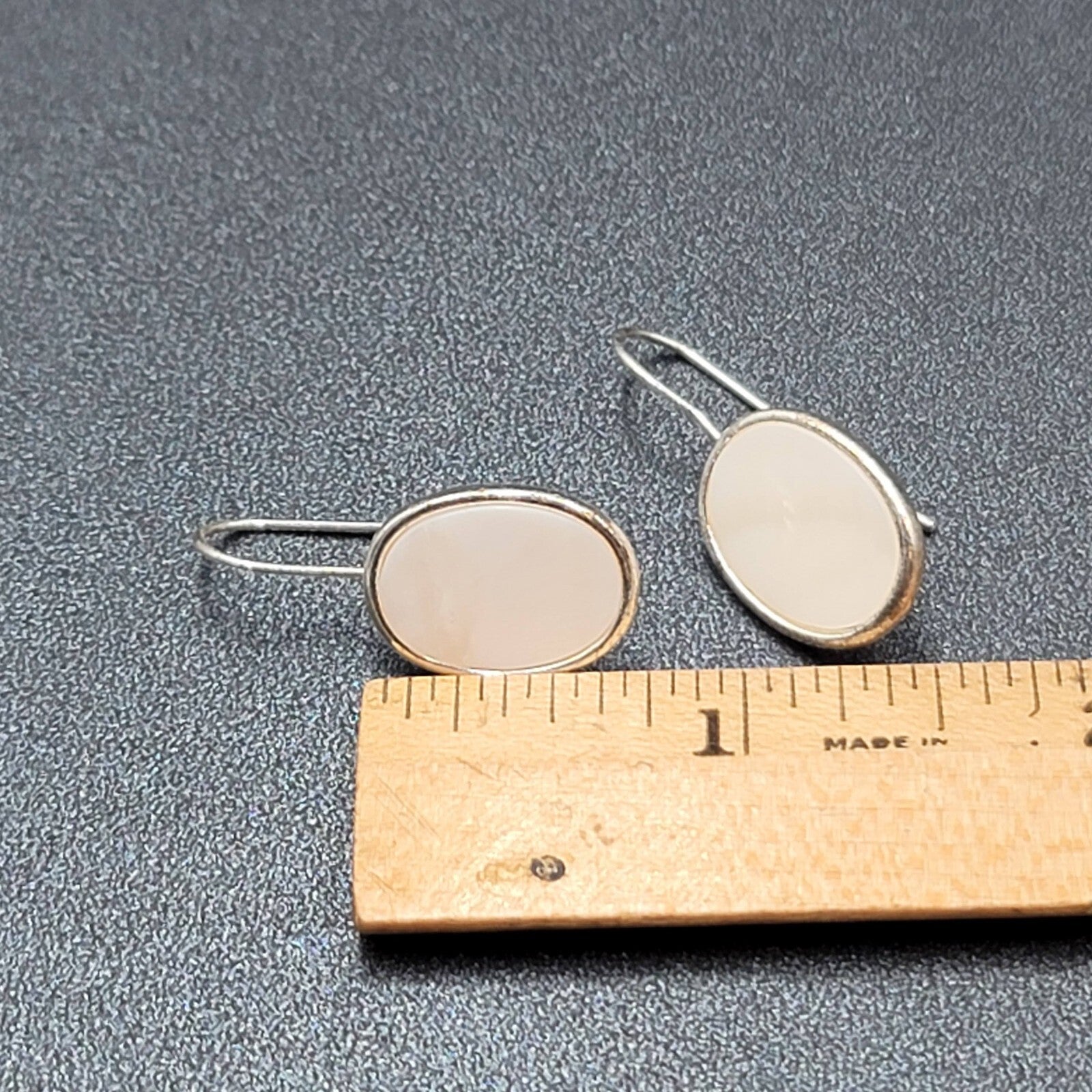 Avon Pierced Earrings Silver tone White Shell Inlay Oval Dangle 3/4"