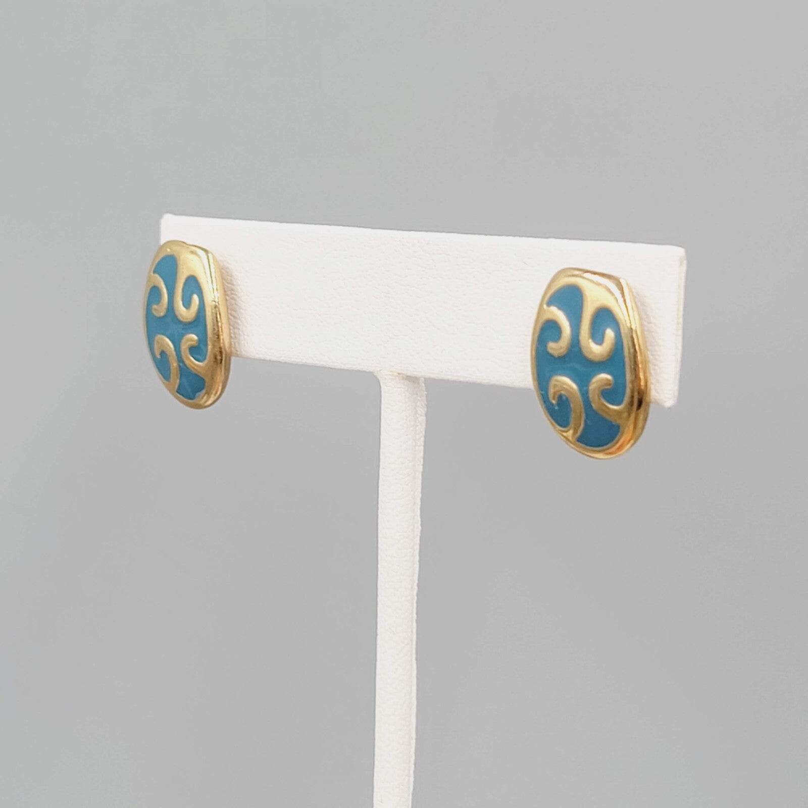 Stud Pierced Earrings Gold tone Blue Enamel Swirl 5/8"