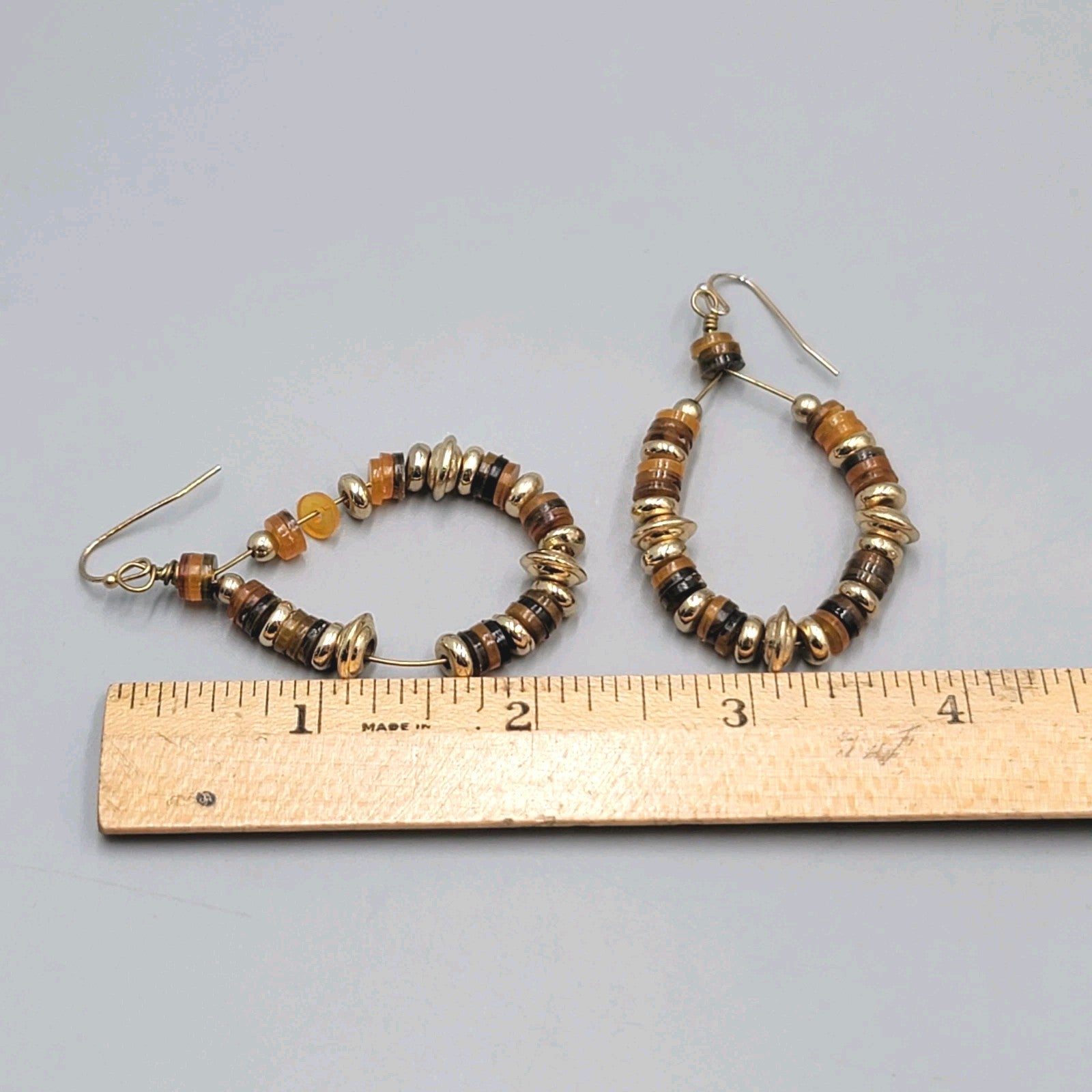 Beaded Teardrop Hoops Pierced Earrings Gold tone Dangle 2"