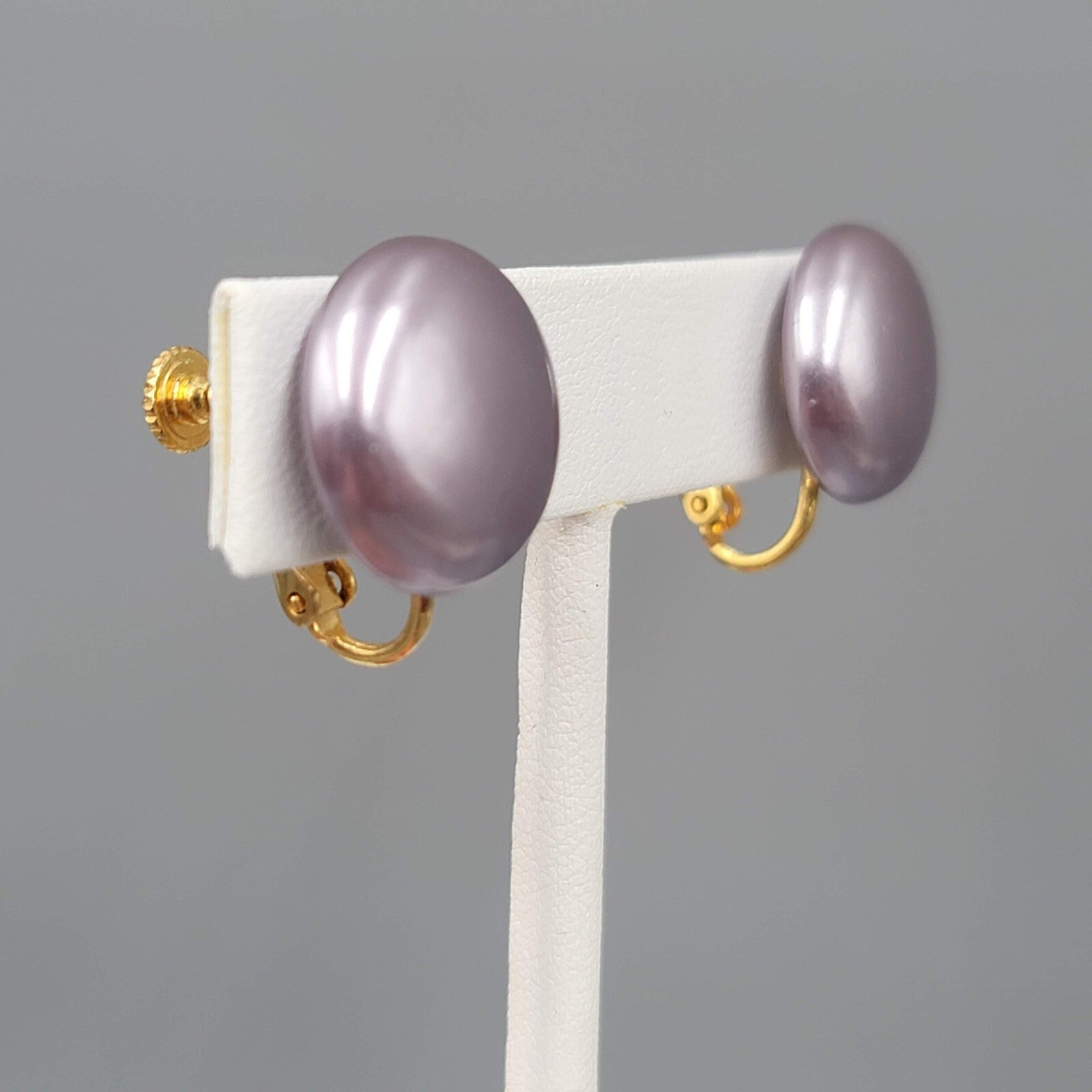 Vintage Purple Satin Round Clip on Earrings Gold tone 3/4"