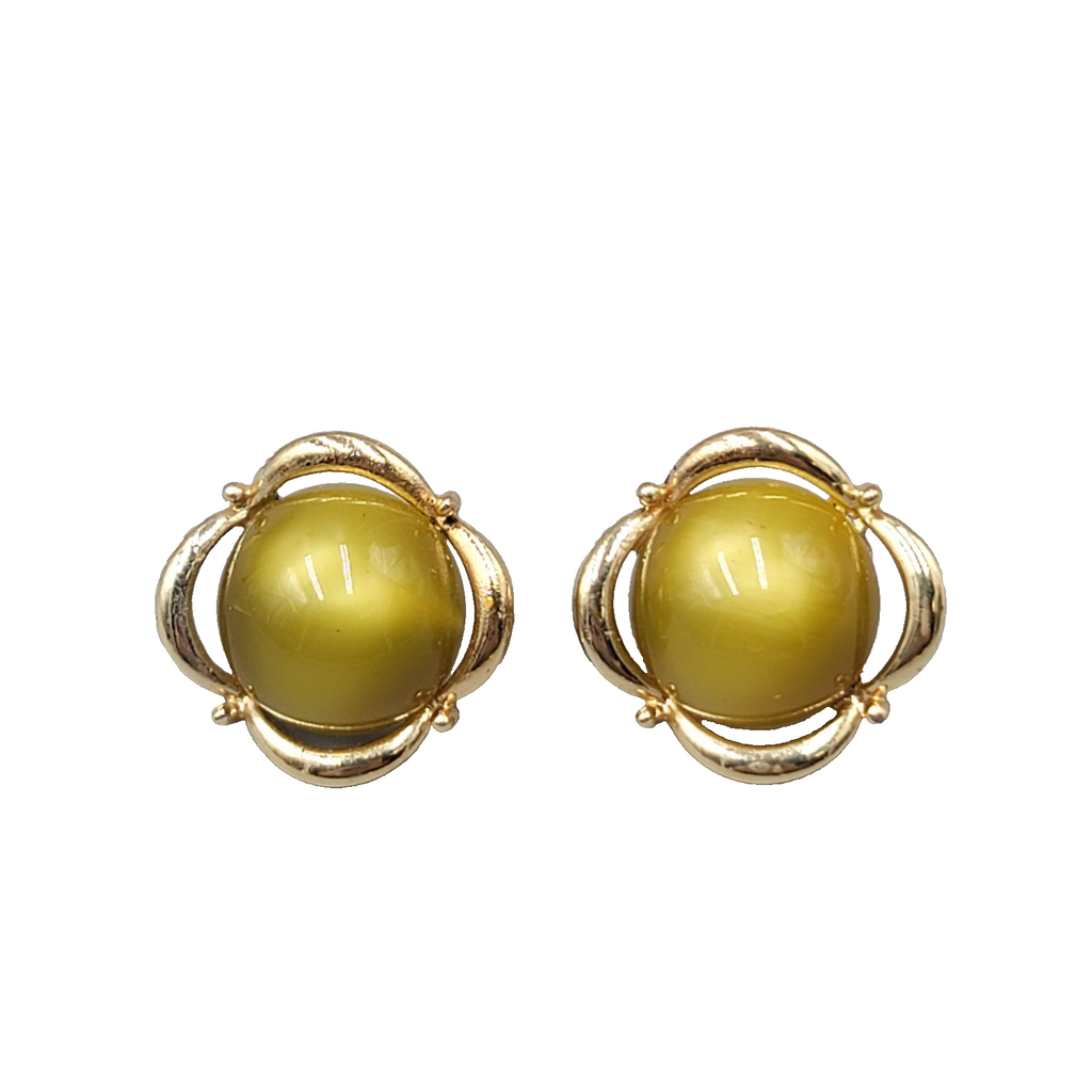 Vintage Olive Green Moon Glow Clip on Earrings Lucite Dome Gold tone 1 in