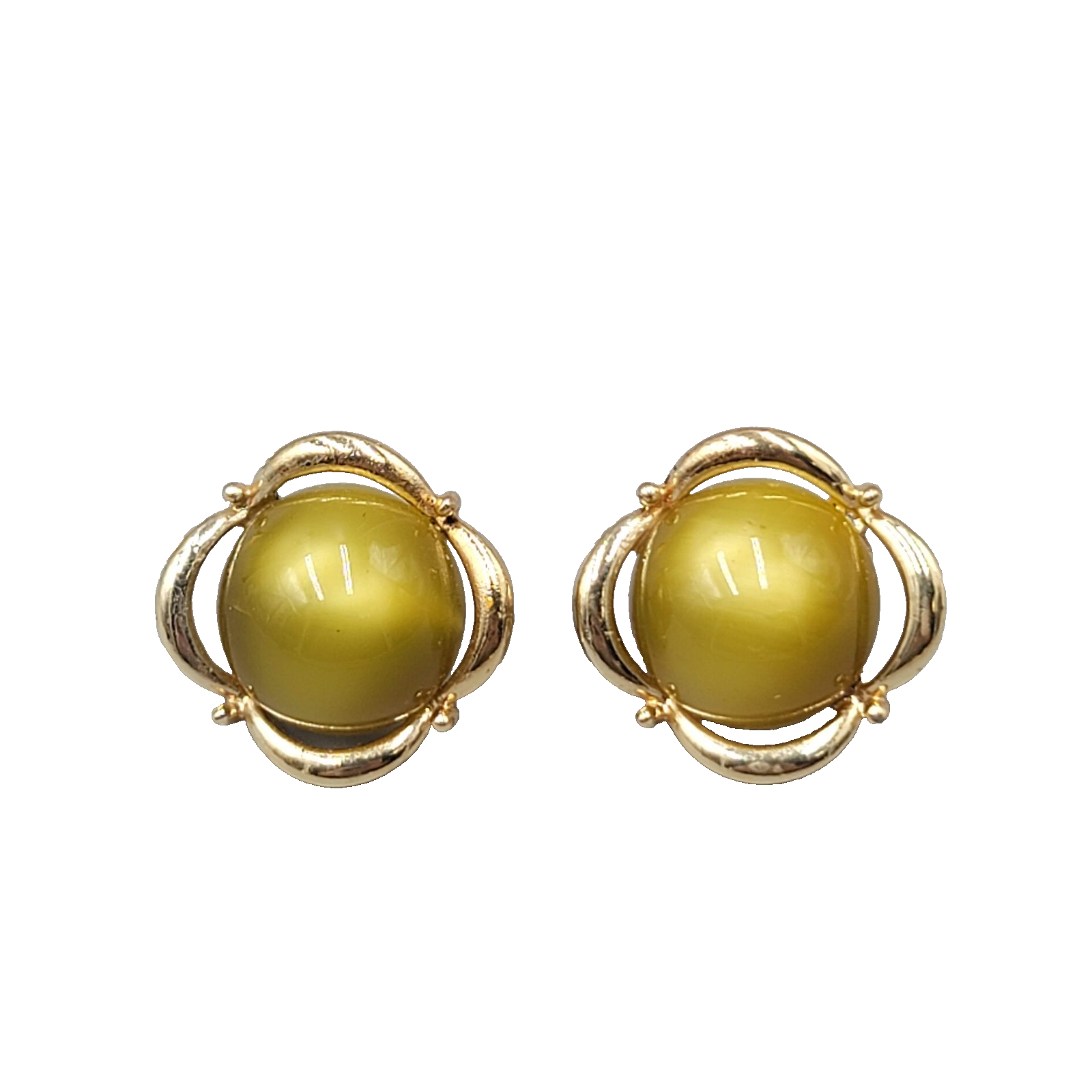 Vintage Olive Green Moon Glow Clip on Earrings Lucite Dome Gold tone 1 in