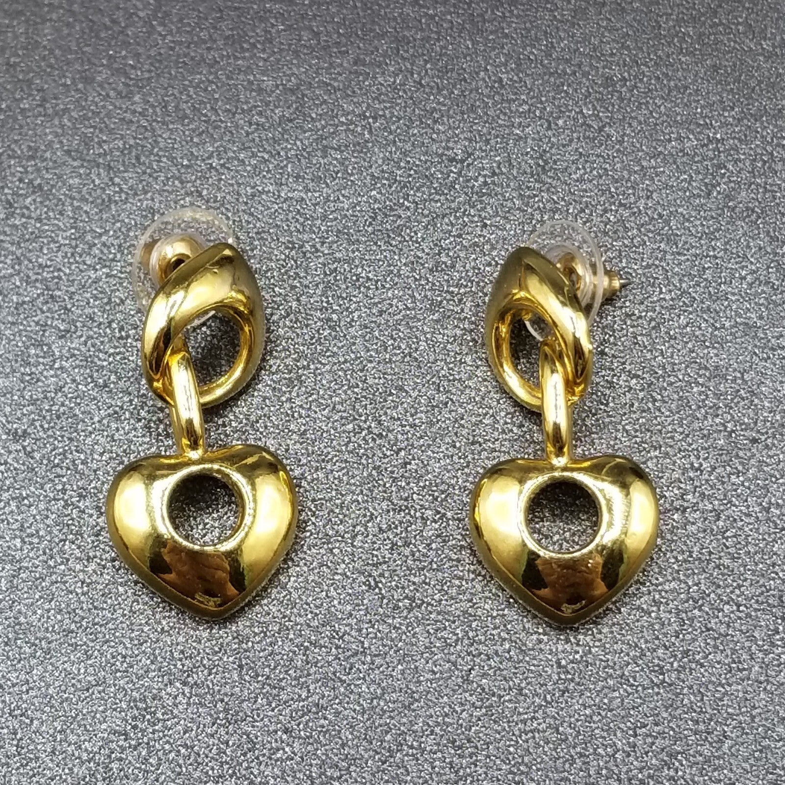 Pierced Earrings Gold tone Chain Heart Statement Dangle 1 1/4"