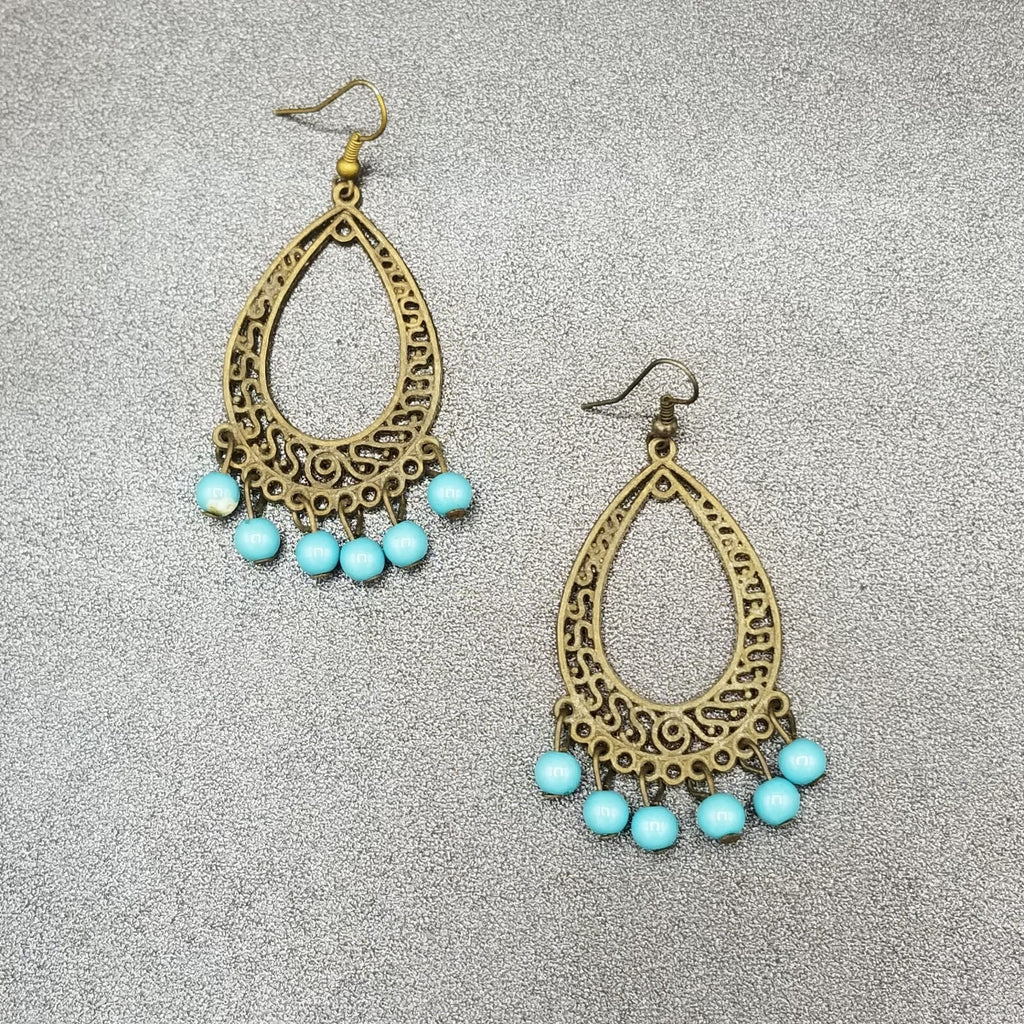 Pierced Earrings Bronze tone Chandelier Teardrop Blue Bead Dangle 2.25"