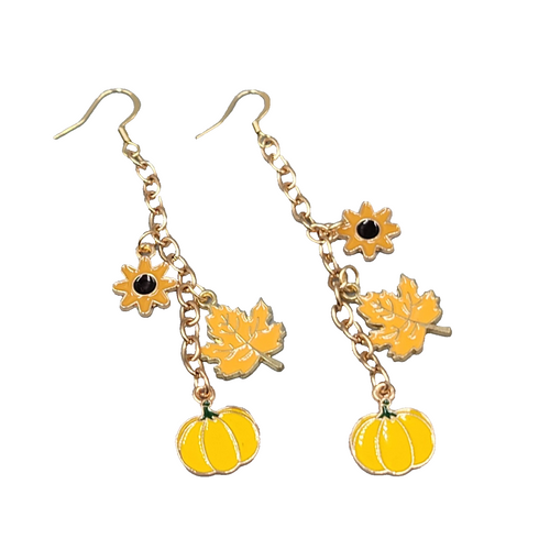 Autumn Fall Theme Pierced Earrings Flower Pumpkin Leaf Gold tone Dangle 2.75 in
